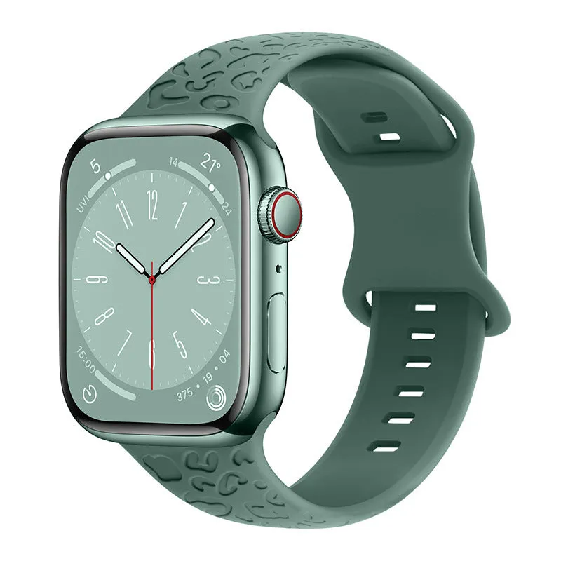 Silicone watch strap for Apple Watch with leopard print pattern, 8-word buckle, universal fit 38-49mm
