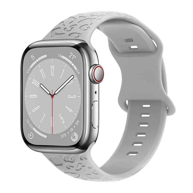 Silicone watch strap for Apple Watch with leopard print pattern, 8-word buckle, universal fit 38-49mm