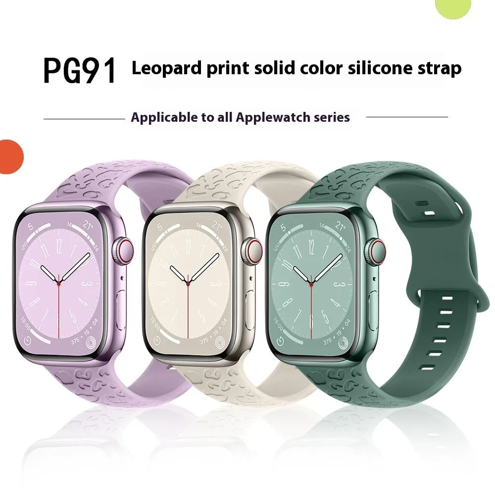 Silicone watch strap for Apple Watch with leopard print pattern, 8-word buckle, universal fit 38-49mm
