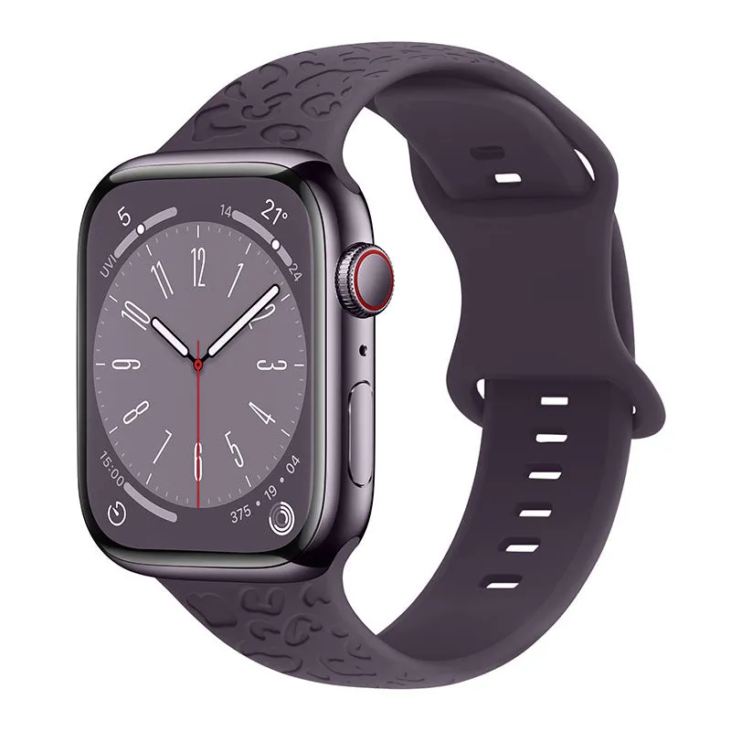 Silicone watch strap for Apple Watch with leopard print pattern, 8-word buckle, universal fit 38-49mm