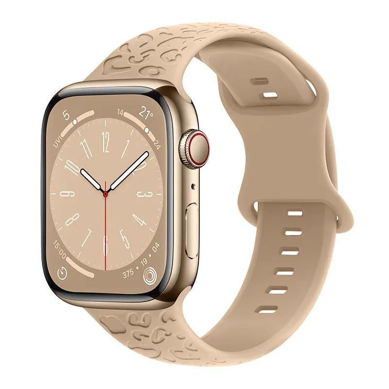 Silicone watch strap for Apple Watch with leopard print pattern, 8-word buckle, universal fit 38-49mm