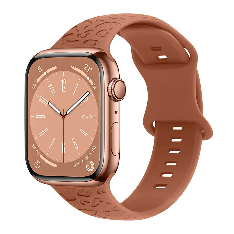 Silicone watch strap for Apple Watch with leopard print pattern, 8-word buckle, universal fit 38-49mm