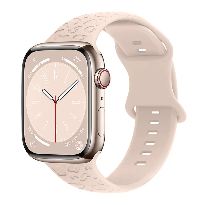 Silicone watch strap for Apple Watch with leopard print pattern, 8-word buckle, universal fit 38-49mm