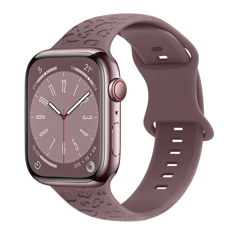 Silicone watch strap for Apple Watch with leopard print pattern, 8-word buckle, universal fit 38-49mm