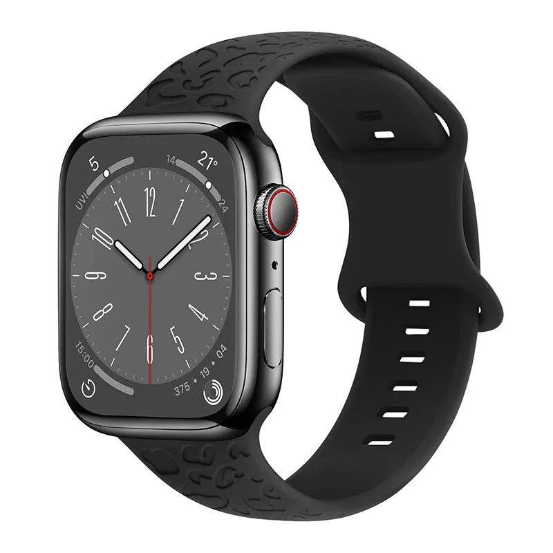 Silicone watch strap for Apple Watch with leopard print pattern, 8-word buckle, universal fit 38-49mm