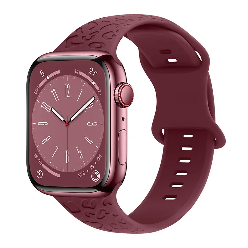 Silicone watch strap for Apple Watch with leopard print pattern, 8-word buckle, universal fit 38-49mm