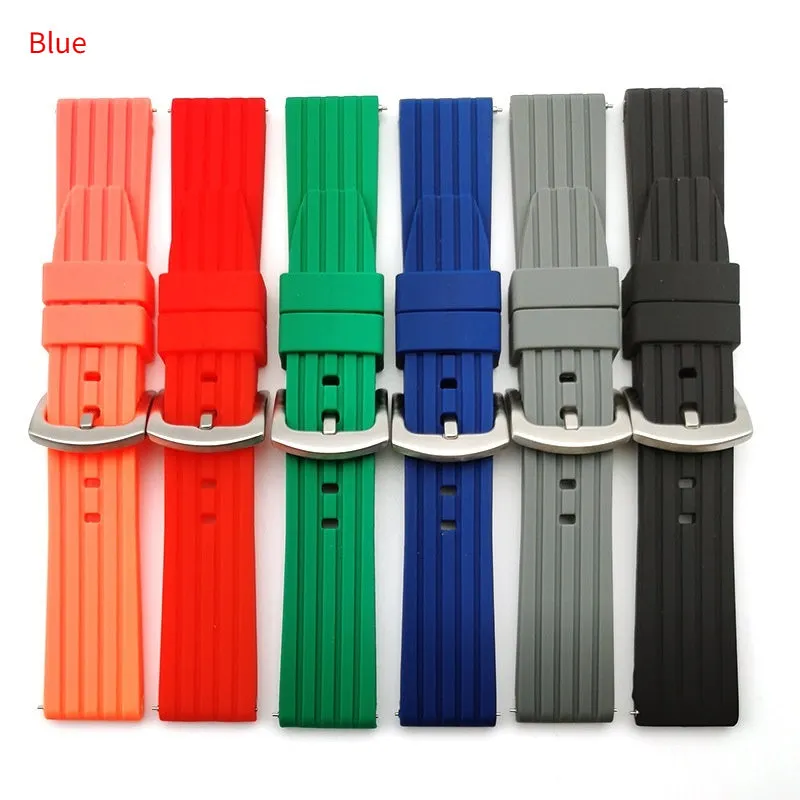 Vertical stripe tire pattern silicone watch strap in black, 22mm width, on a white background