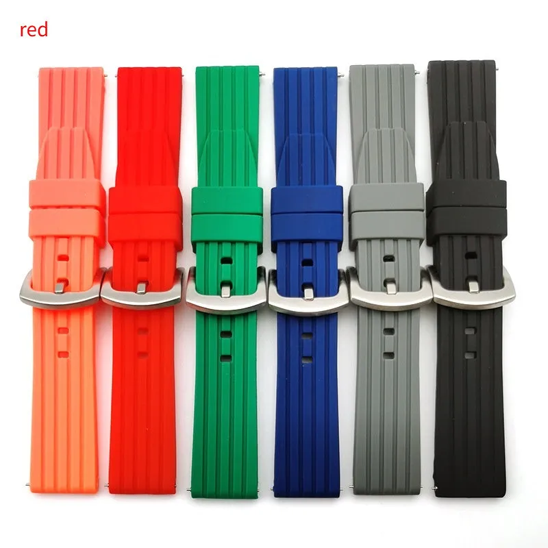 Vertical stripe tire pattern silicone watch strap in black, 22mm width, on a white background