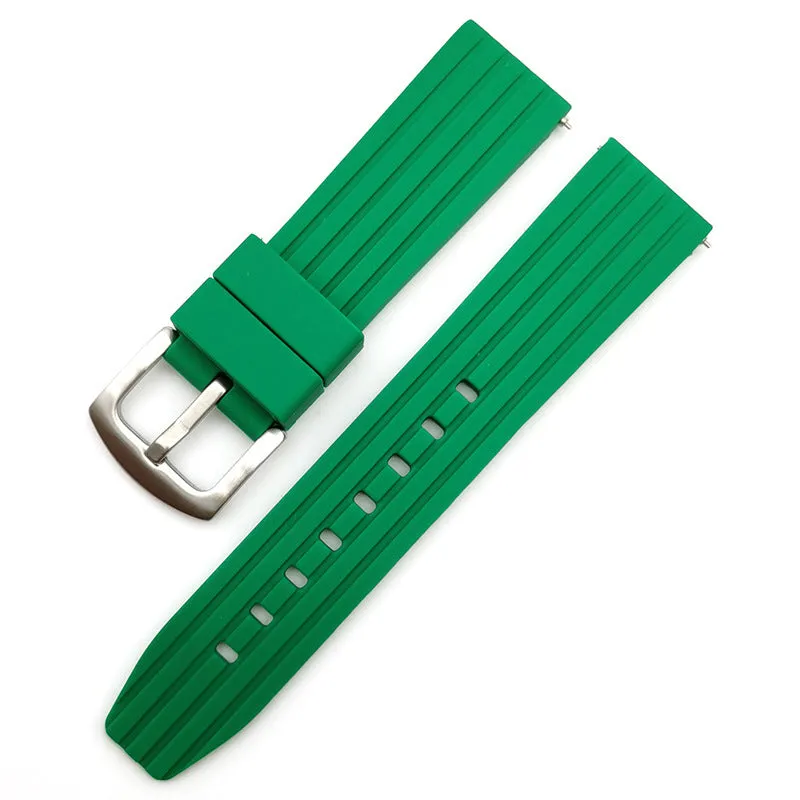 Vertical stripe tire pattern silicone watch strap in black, 22mm width, on a white background