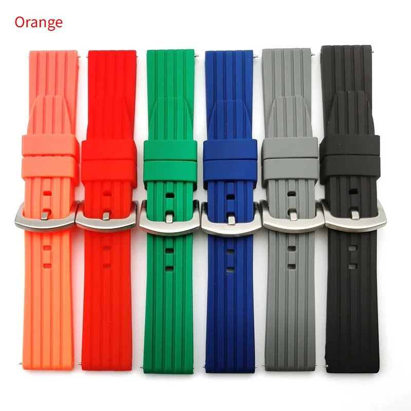 Vertical stripe tire pattern silicone watch strap in black, 22mm width, on a white background