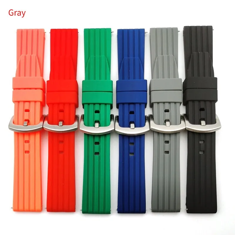 Vertical stripe tire pattern silicone watch strap in black, 22mm width, on a white background