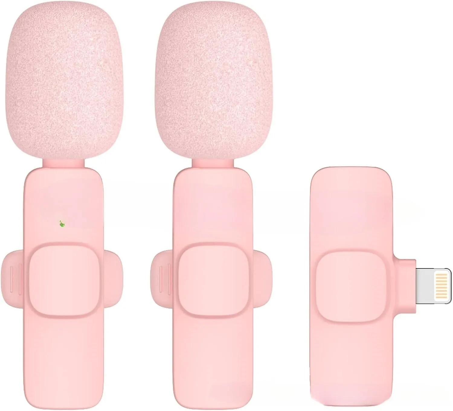Pink K1K9 one-drag wireless microphone with receiver, charging cable, and hairball windshield on a table