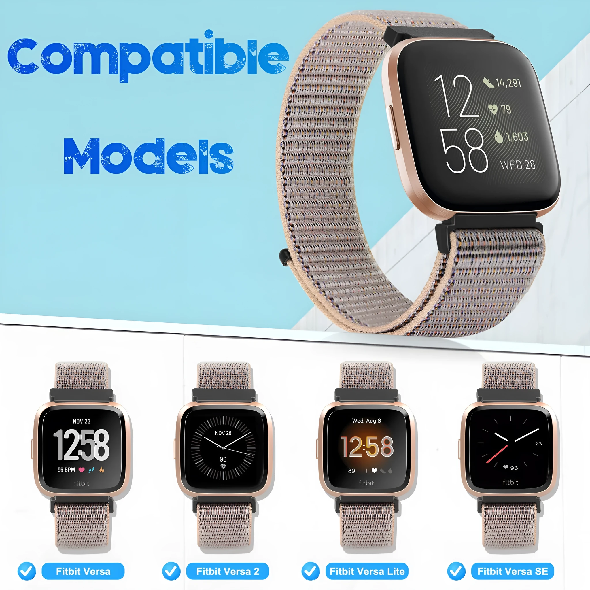 Nylon loop watch band for Fitbit Versa 2 and Sense 2 with velcro closure in army green colour