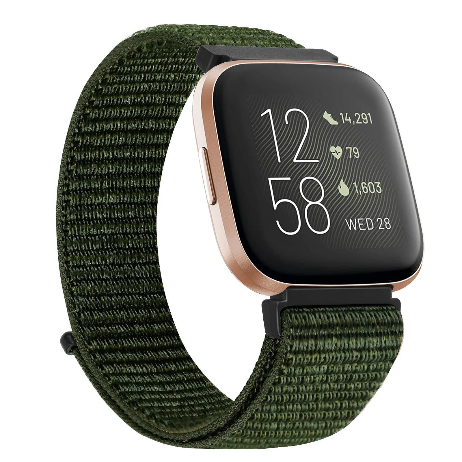 Nylon loop watch band for Fitbit Versa 2 and Sense 2 with velcro closure in army green colour
