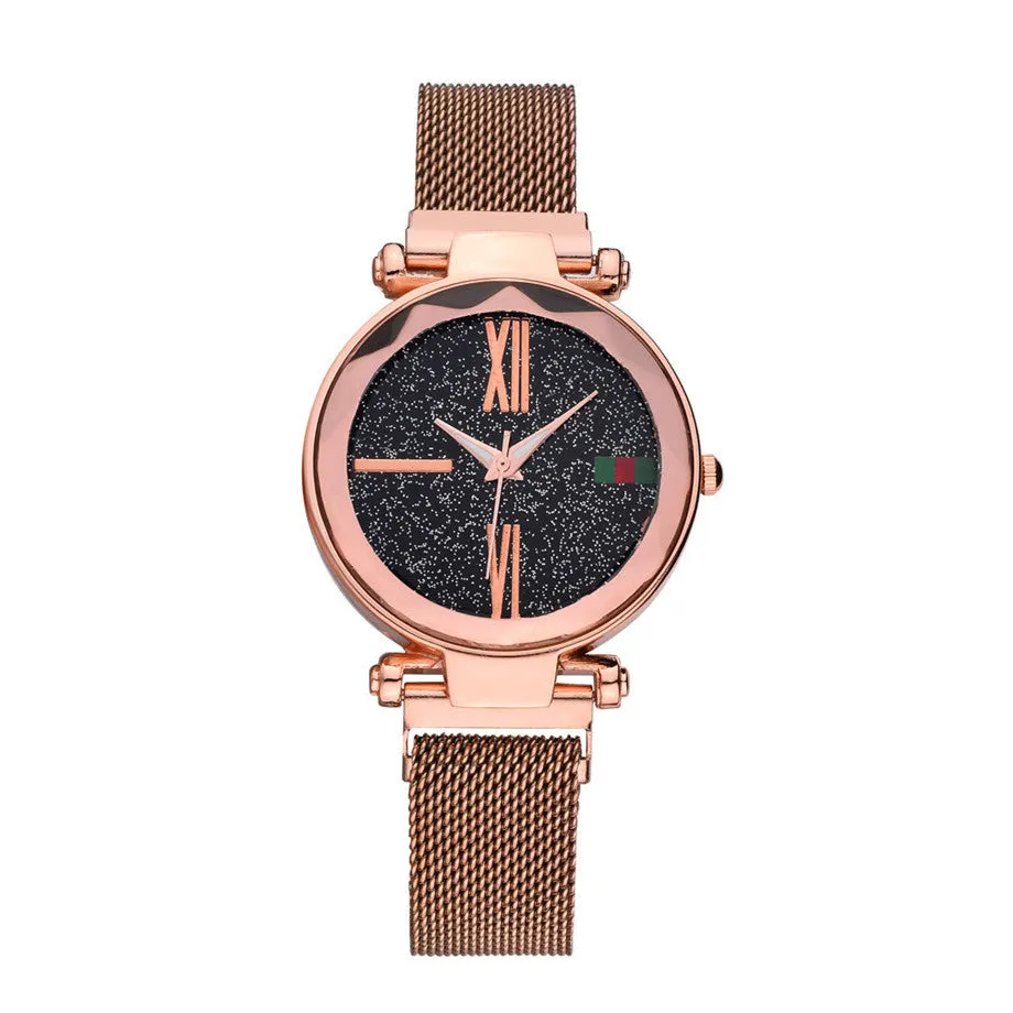 Women's decorative quartz watch with stainless steel magnet bracelet in rose gold colour, showing round dial and onion crown.