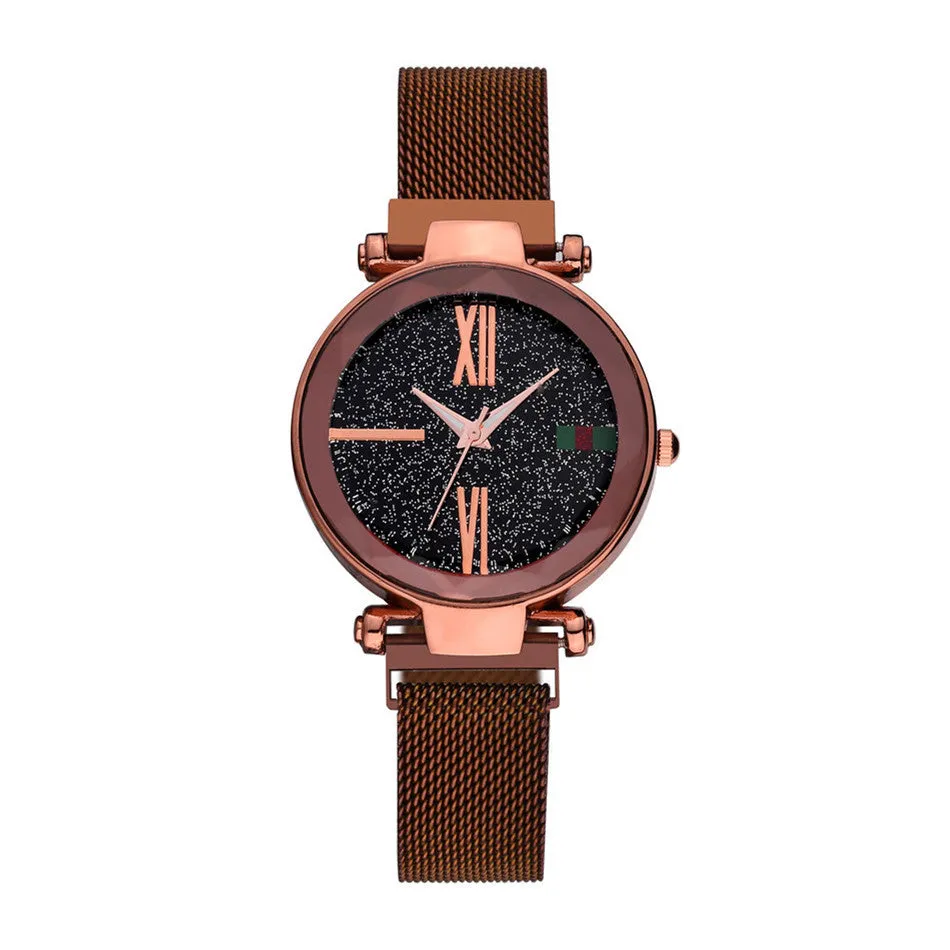 Women's decorative quartz watch with stainless steel magnet bracelet in rose gold colour, showing round dial and onion crown.