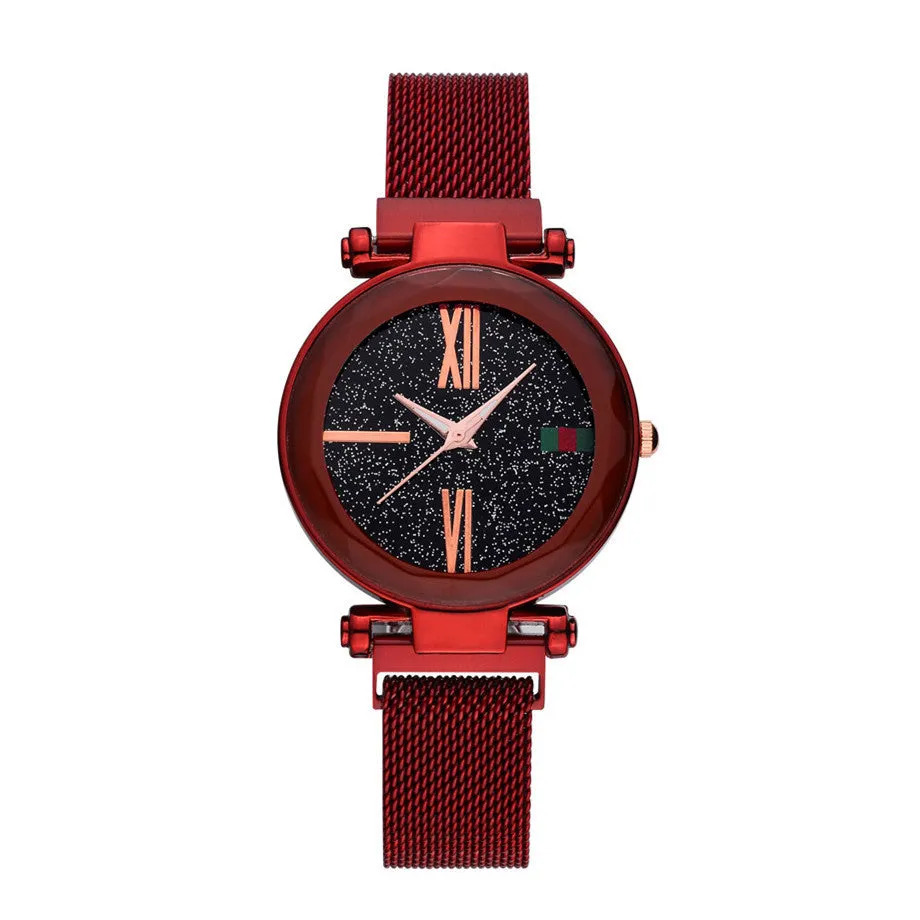 Women's decorative quartz watch with stainless steel magnet bracelet in rose gold colour, showing round dial and onion crown.