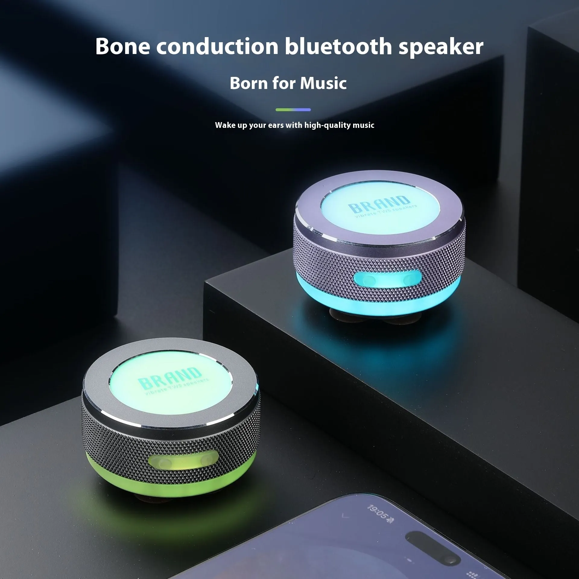 Small wireless bone conduction speaker with magnetic suction box and colour LED light in blue