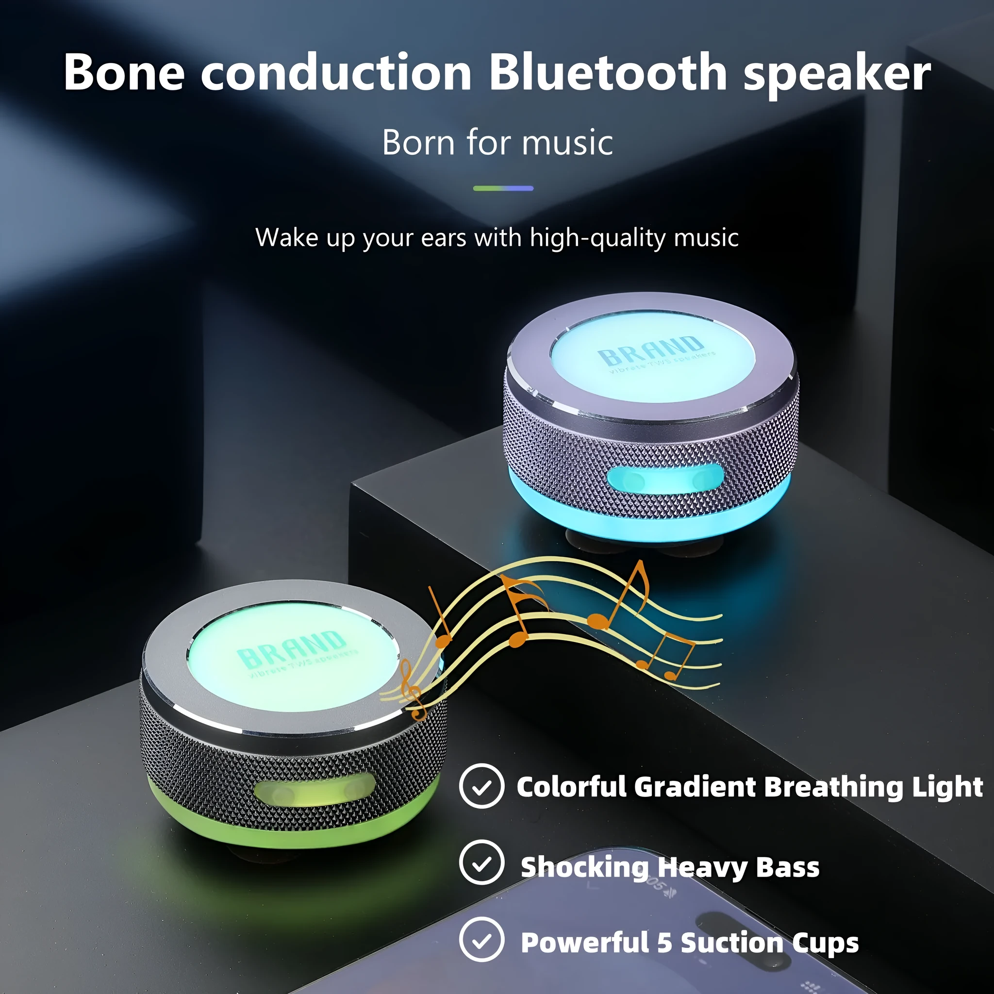 Small wireless bone conduction speaker with magnetic suction box and colour LED light in blue