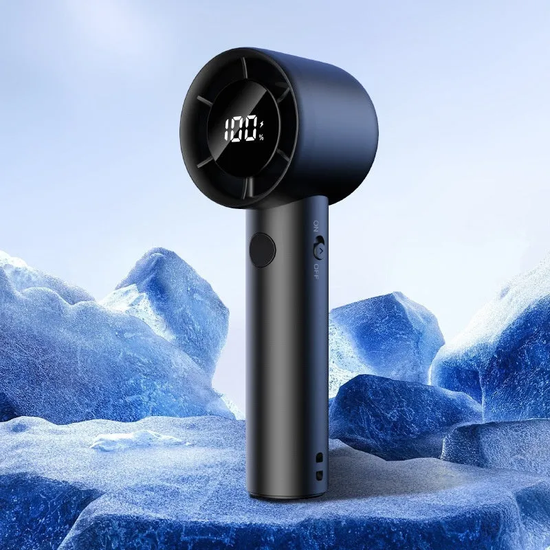 Handheld high-speed fan with five blades, available in Cool Black colour, compact design for USB charging