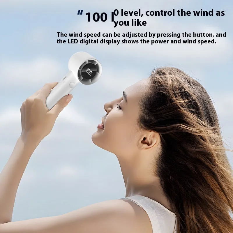 Handheld high-speed fan with five blades, available in Cool Black colour, compact design for USB charging