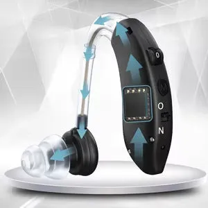 Black behind-the-ear hearing aid with noise reduction, USB powered, 60W