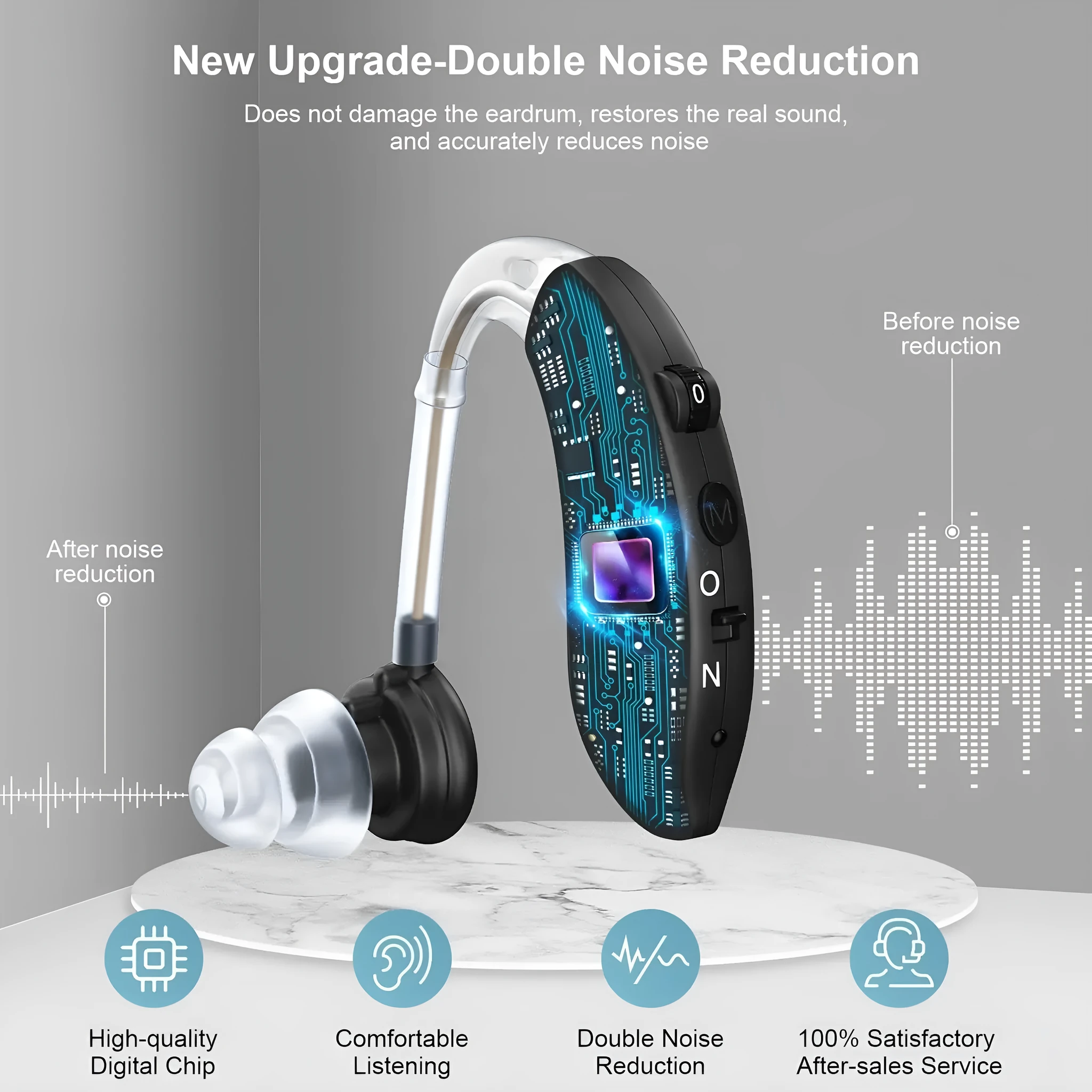 Black behind-the-ear hearing aid with noise reduction, USB powered, 60W