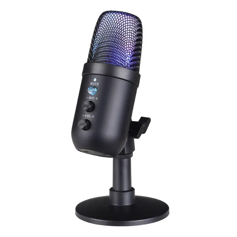 Black USB microphone with RGB lighting ring for computer and mobile streaming