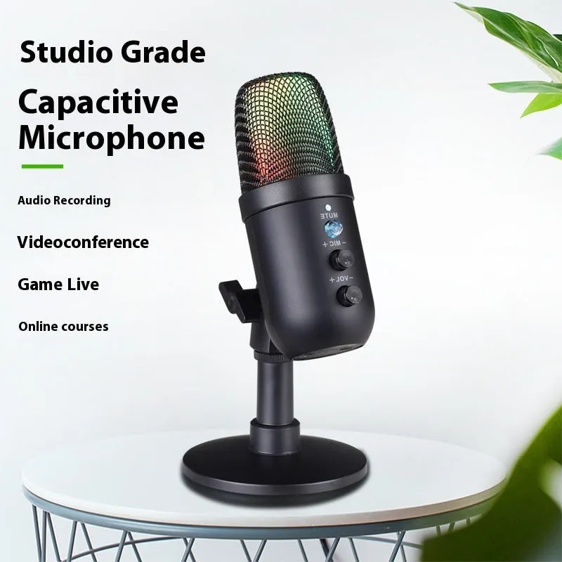 Black USB microphone with RGB lighting ring for computer and mobile streaming