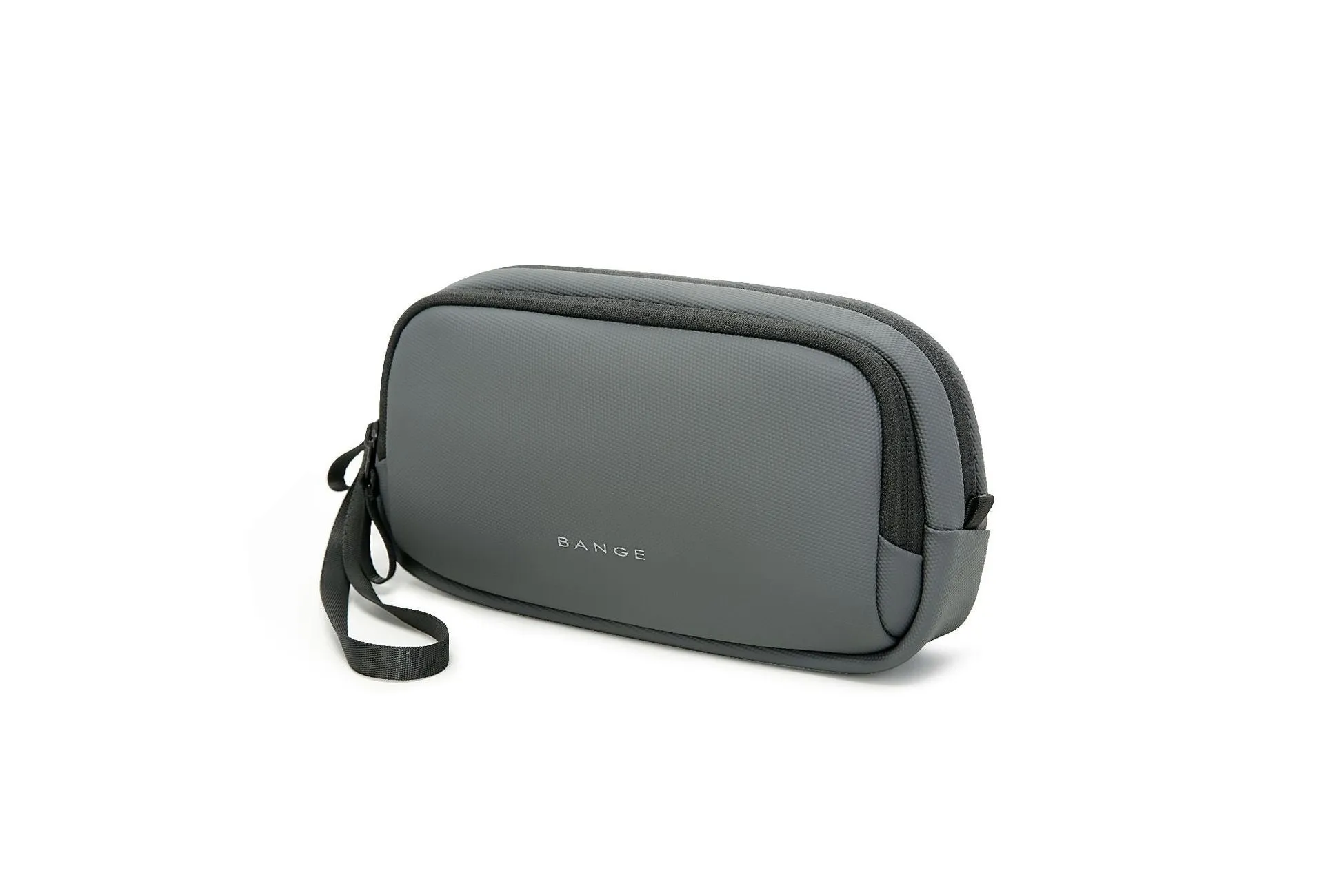 Large capacity digital accessories storage bag in black with sewing line detailing on a plain background