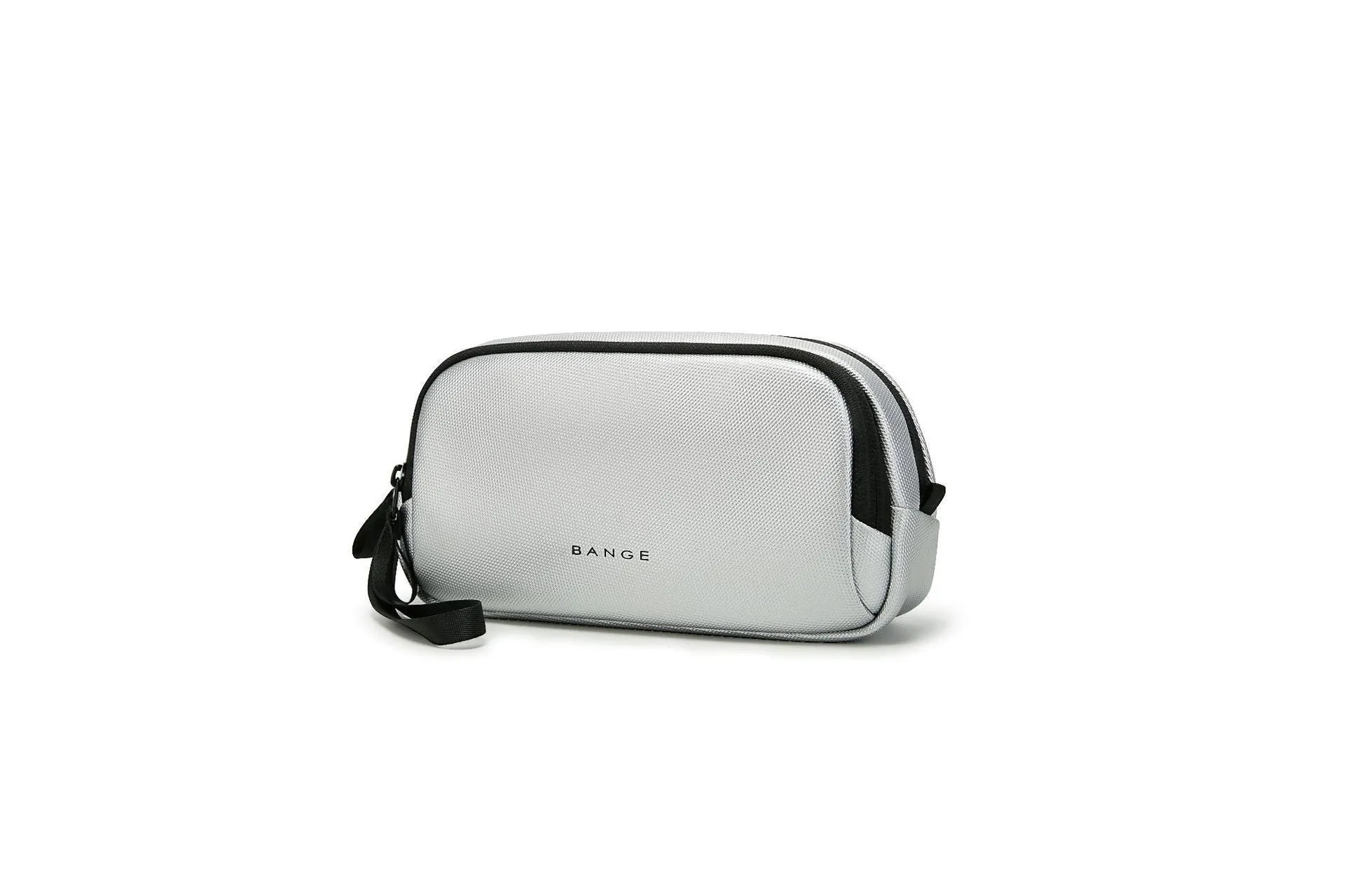 Large capacity digital accessories storage bag in black with sewing line detailing on a plain background