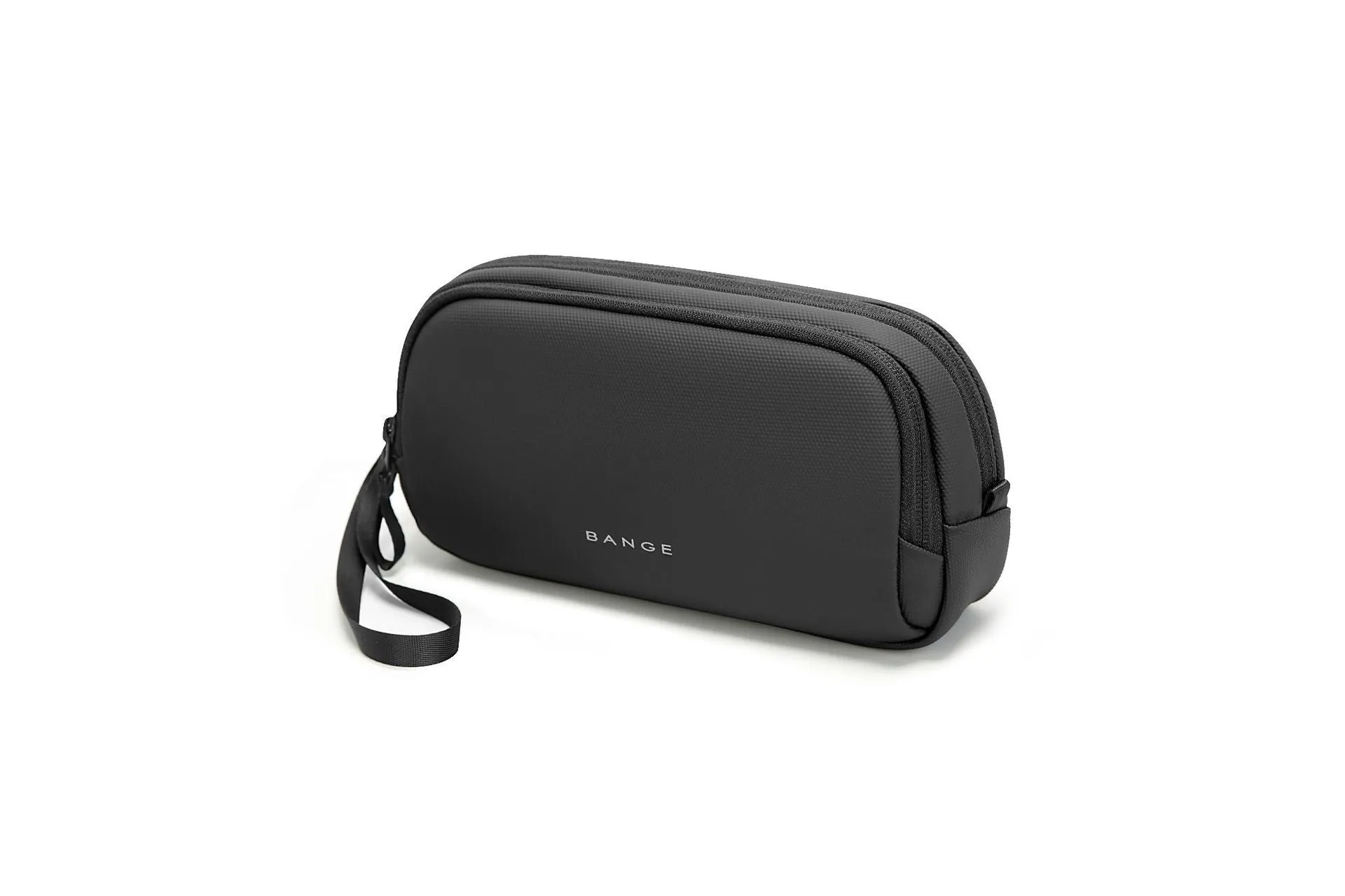 Large capacity digital accessories storage bag in black with sewing line detailing on a plain background