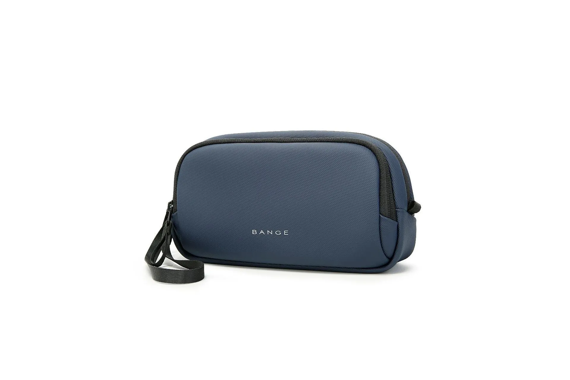 Large capacity digital accessories storage bag in black with sewing line detailing on a plain background
