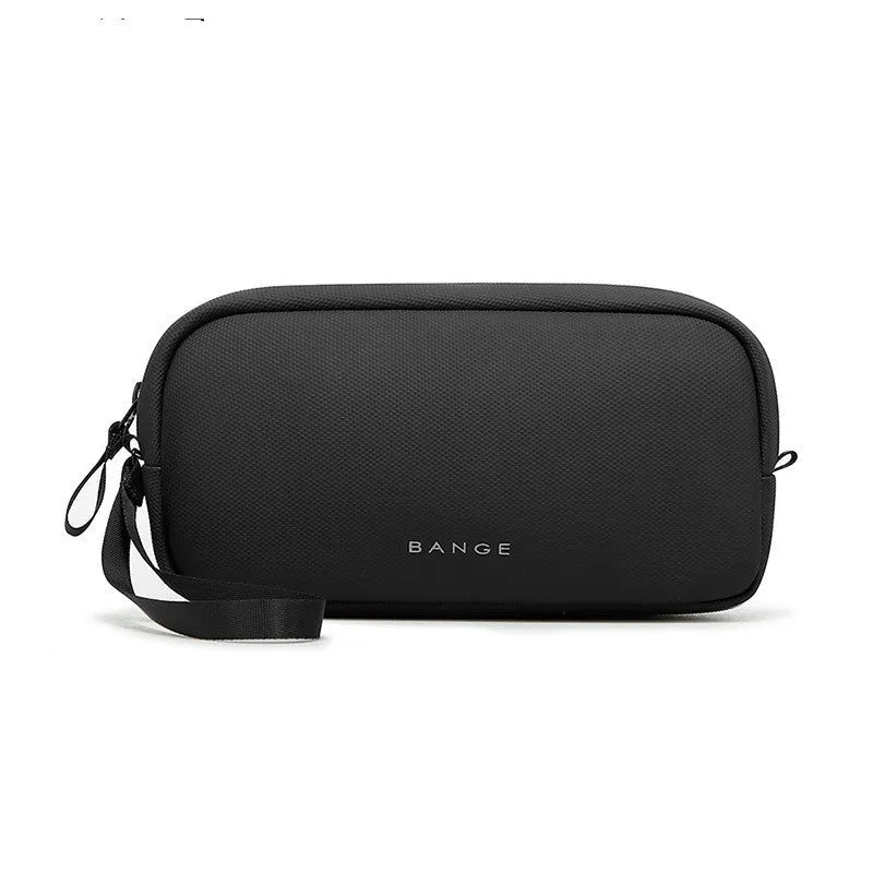 Large capacity digital accessories storage bag in black with sewing line detailing on a plain background