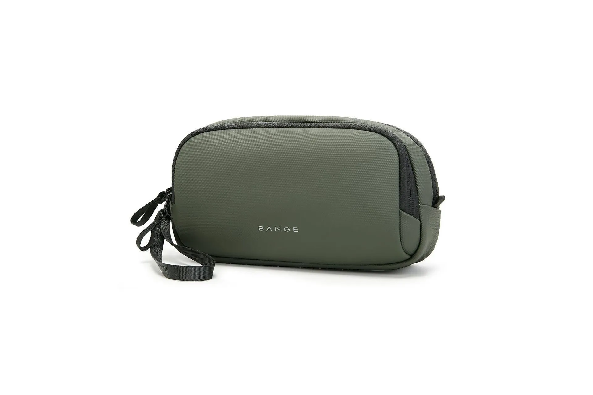 Large capacity digital accessories storage bag in black with sewing line detailing on a plain background