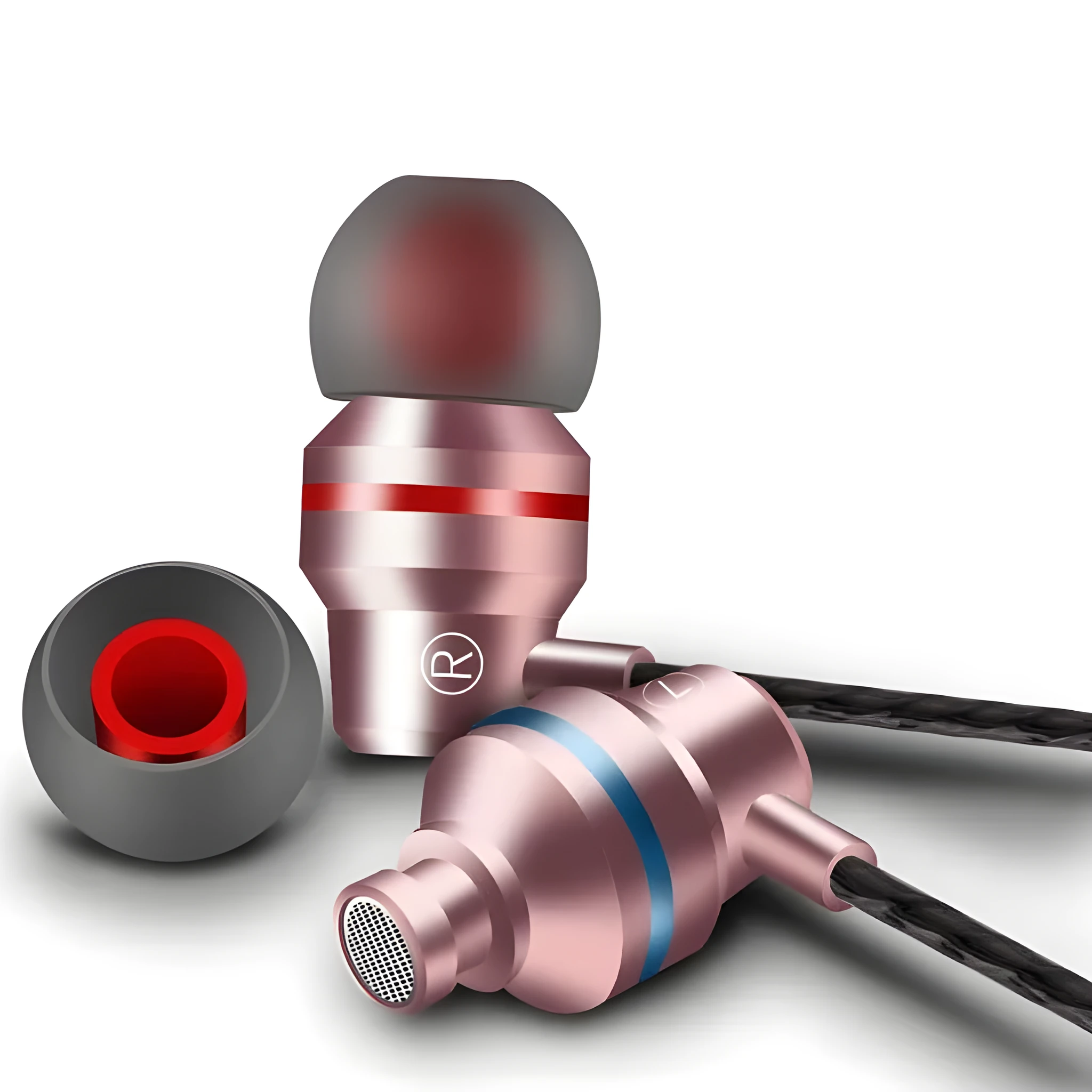 Wired in-ear headphones with microphone, 3.5mm plug, black cable and red silicone ear tips