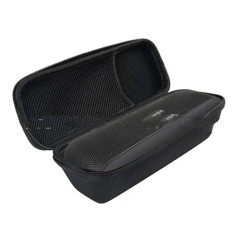 Black EVA Bluetooth speaker storage case with climbing carabiner, grey inner lining, size 280x100x90mm