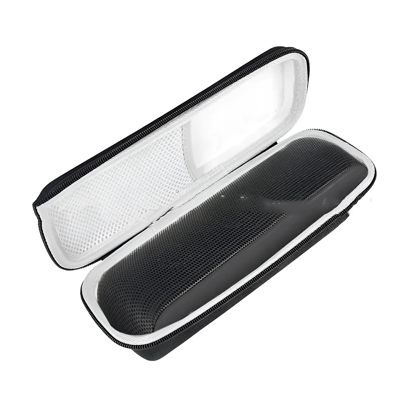 Black EVA Bluetooth speaker storage case with climbing carabiner, grey inner lining, size 280x100x90mm