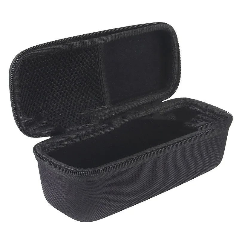Black EVA Bluetooth speaker storage case with climbing carabiner, grey inner lining, size 280x100x90mm