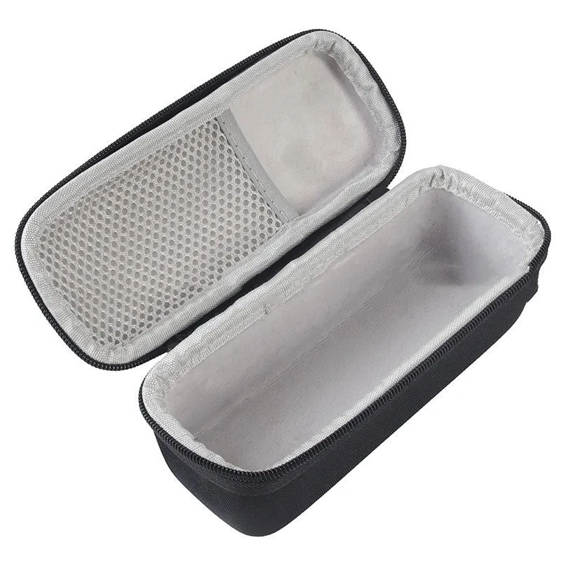 Black EVA Bluetooth speaker storage case with climbing carabiner, grey inner lining, size 280x100x90mm