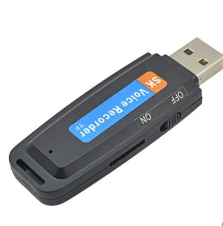 Black and white plastic USB flash drive with voice function showing dimensions and capacity options