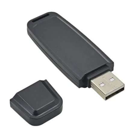Black and white plastic USB flash drive with voice function showing dimensions and capacity options