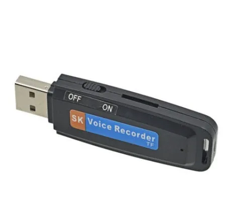 Black and white plastic USB flash drive with voice function showing dimensions and capacity options