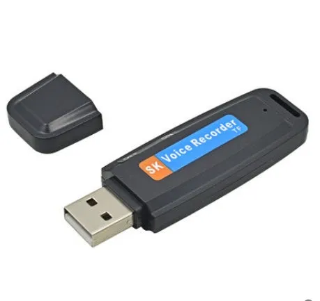 Black and white plastic USB flash drive with voice function showing dimensions and capacity options