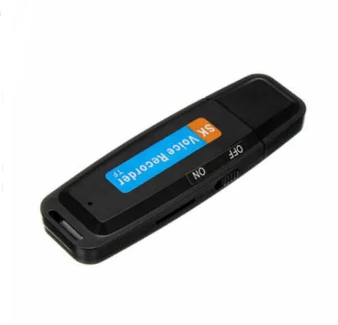 Black and white plastic USB flash drive with voice function showing dimensions and capacity options