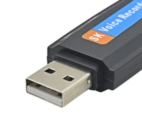 Black and white plastic USB flash drive with voice function showing dimensions and capacity options