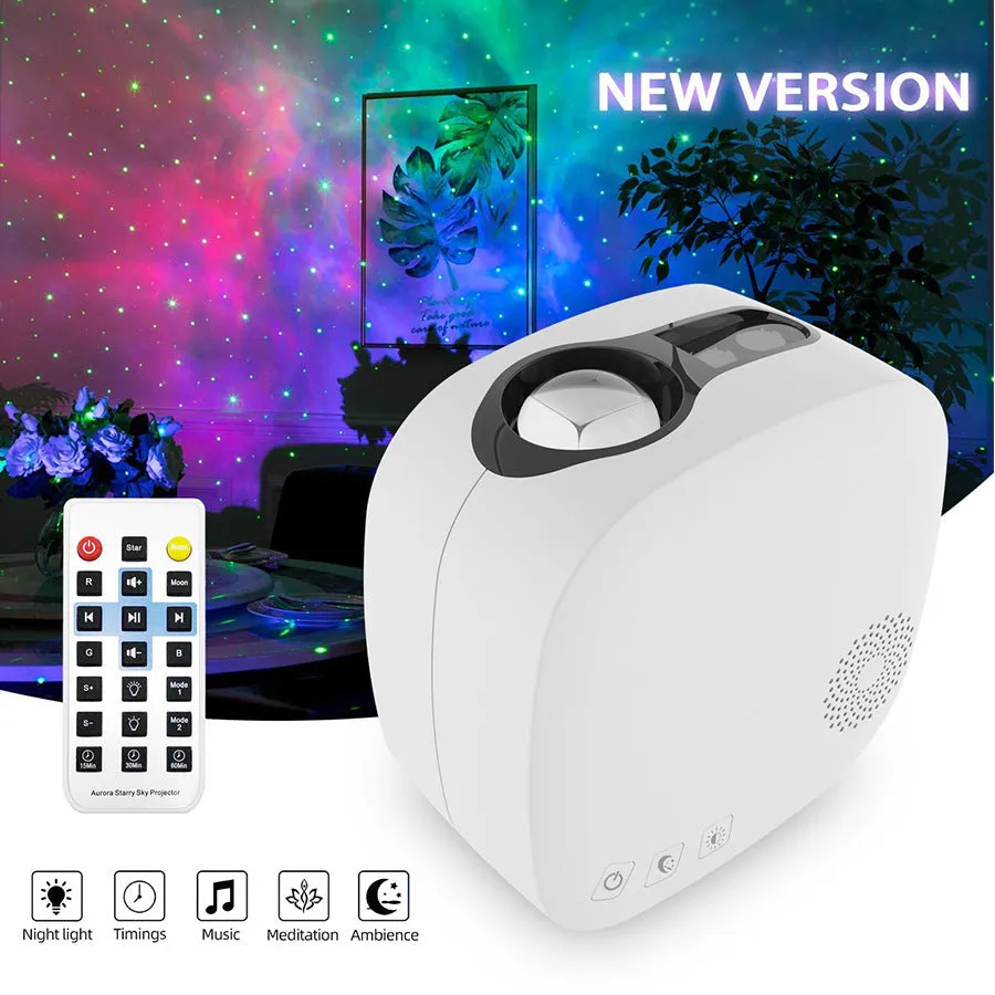 Black cube laser star projector showing nebula and moon display on a wall.