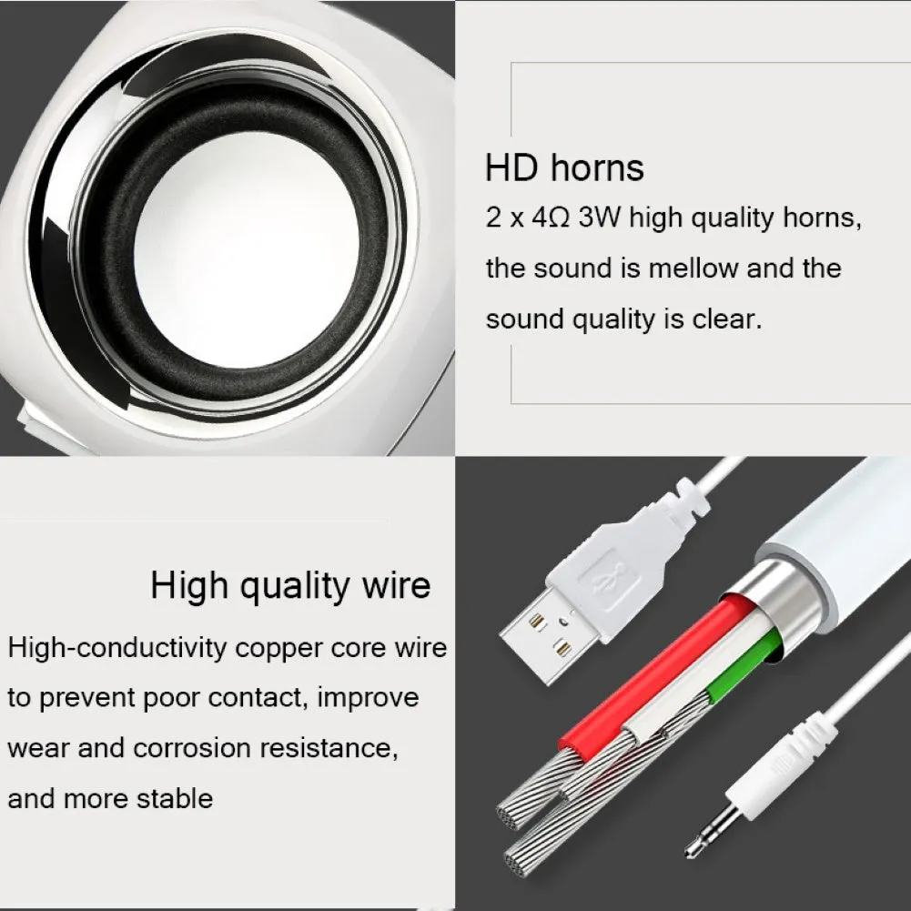 Black and white mini computer speakers with wired 3.5mm connection for desktop audio enhancement