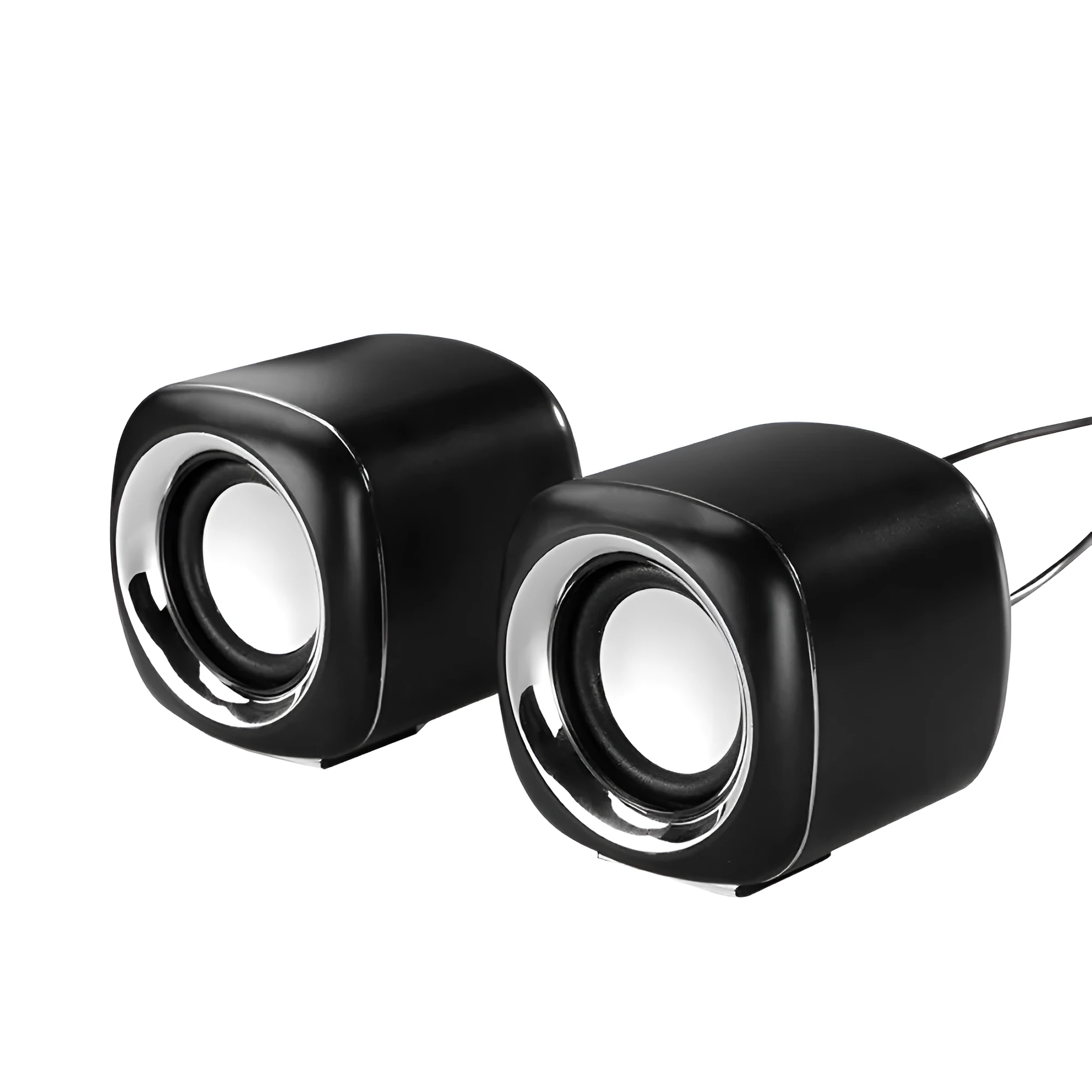 Black and white mini computer speakers with wired 3.5mm connection for desktop audio enhancement