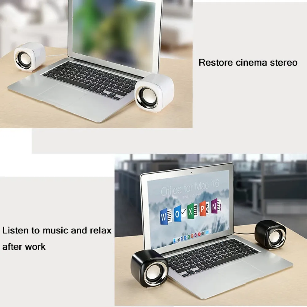 Black and white mini computer speakers with wired 3.5mm connection for desktop audio enhancement